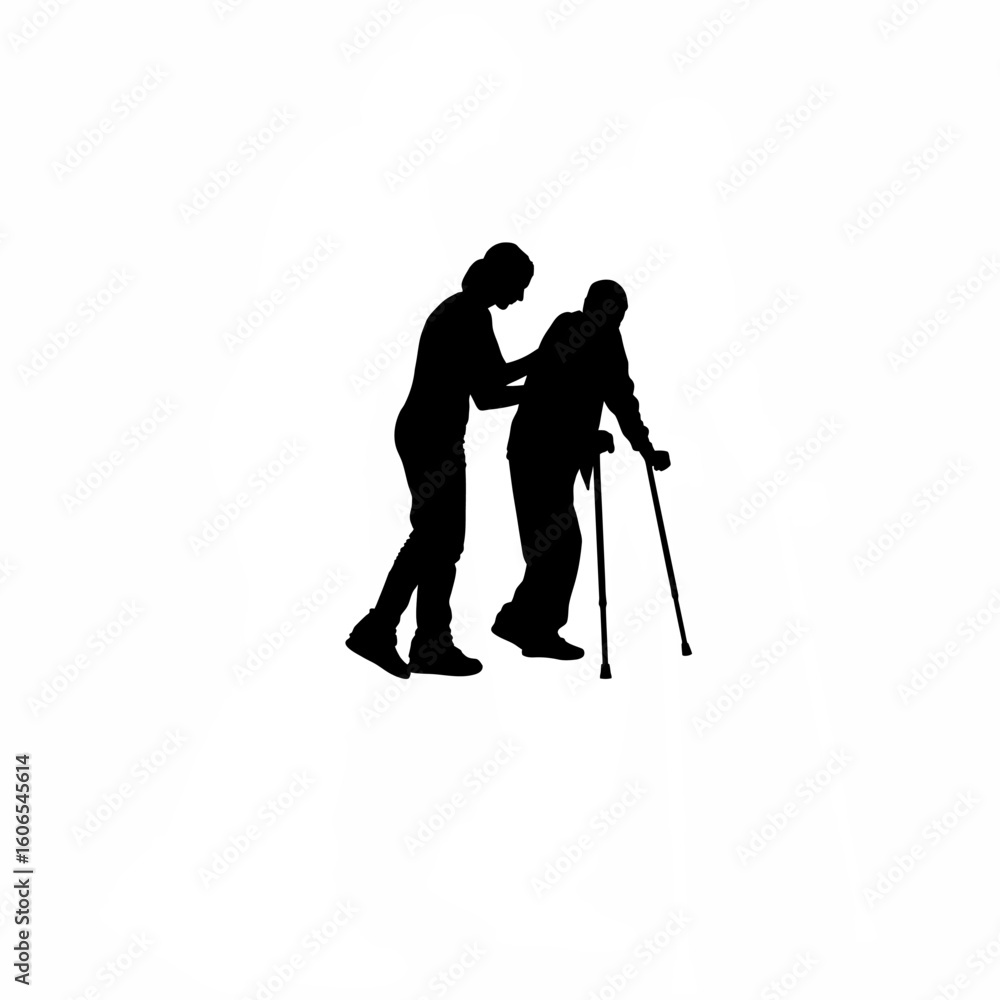 Silhouette of person helping someone walk after injury on white background Silhouette of person helping someone walk after injury on white background