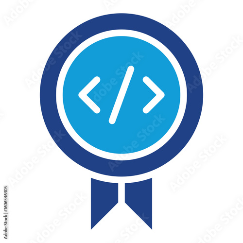 Code Badge Glyph Dual Tone Blue Silhouette Icon Vector Design - medal or badge with code tag in the center, representing coding achievement or certification