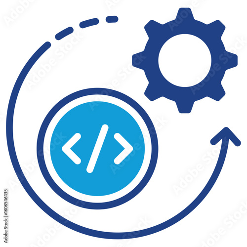 Code Iteration Glyph Dual Tone Blue Silhouette Icon Vector Design - Circular arrow with code and gear, representing iteration in software development or version updates