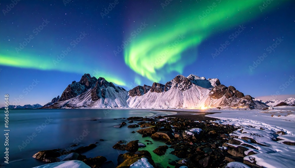 Naklejka premium Northern Lights over Icelandic mountains