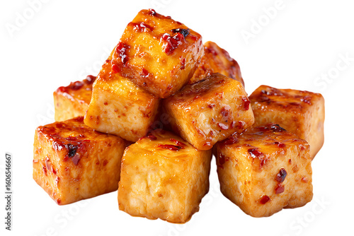 Golden brown fried tofu cubes coated in a glistening, spicy glaze on transparent background