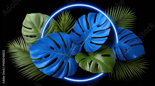 Vibrant blue and green tropical leaves with a glowing neon circle on a black background.