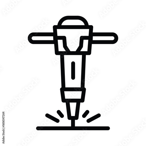 A black line drawing depicts a jackhammer breaking ground with small arcs radiating from the point of contact