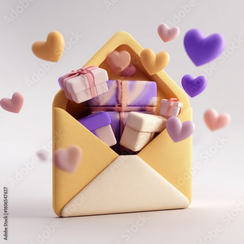 Pastel envelope overflowing with gifts and hearts