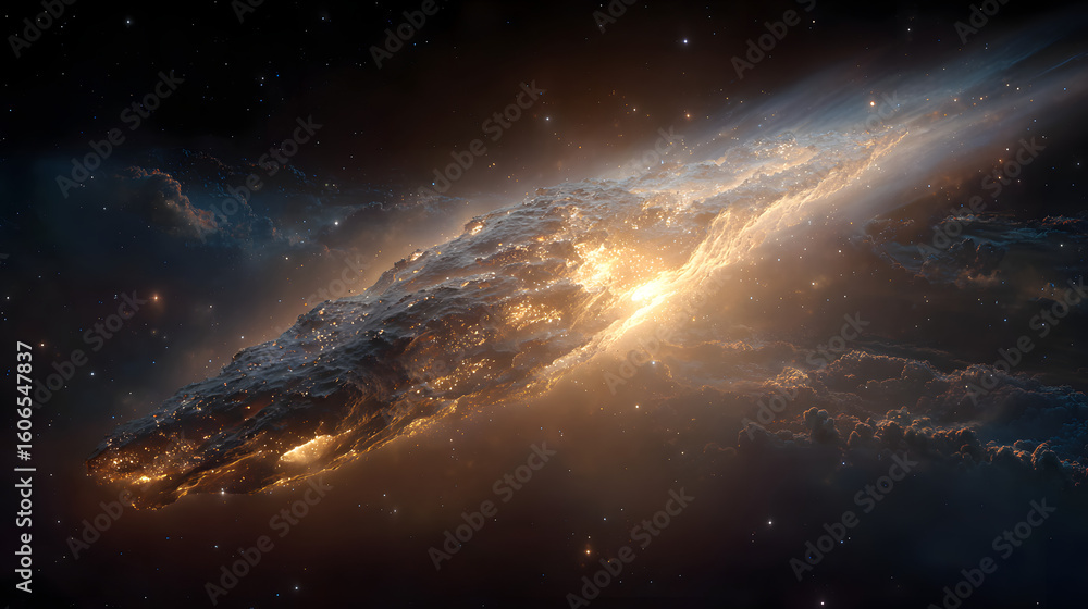 Fototapeta premium Interstellar Object. Golden meteor space rock glowing cosmic journey a