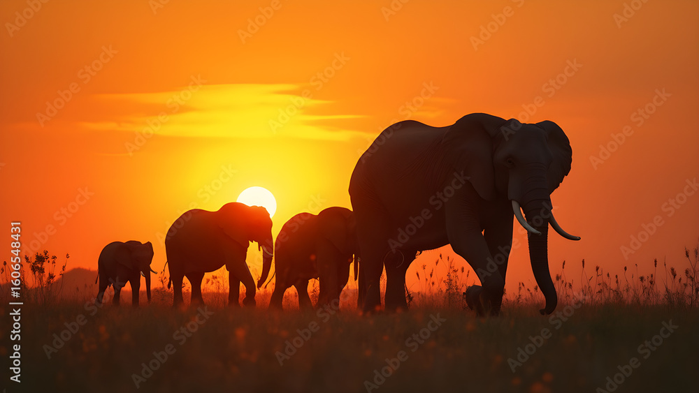 Fototapeta premium Elephants walking in single file. Family of elephants silhouette at sunset. Stunning wildlife photography. Ultra realistic sunset scenes with elephants.