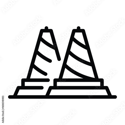 Two striped conical pylons stand on tiered platforms outlined in bold black lines