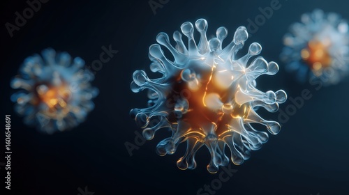 3D rendering of a virus-like structure with a glowing core and translucent spikes on a dark background, depicting a scientific visualization.