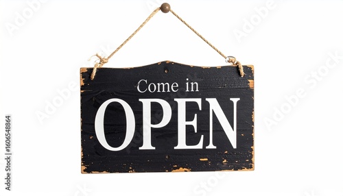 Wooden sign says Come in OPEN
