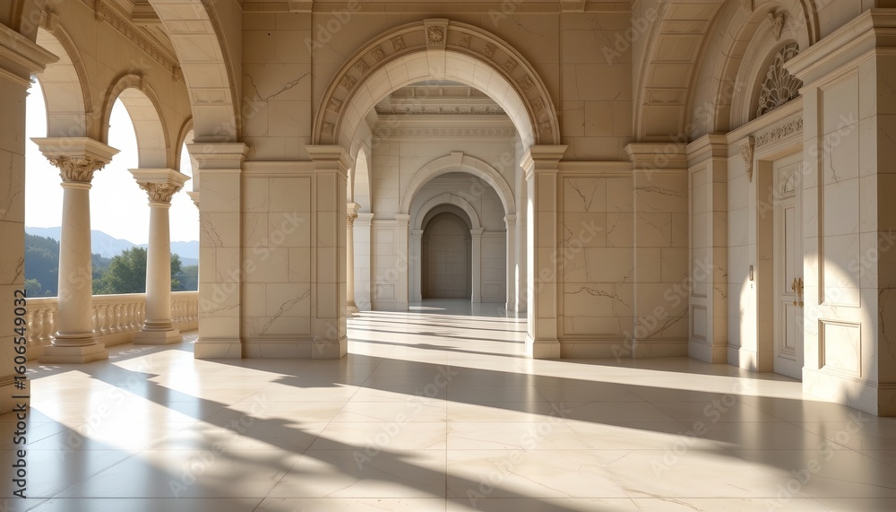 Obraz premium an interior view of a grand, open architectural space with high ceilings and large arched windows allowing natural light to fill the room