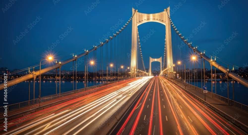 Fototapeta premium Night view of a suspension bridge with traffic trails
