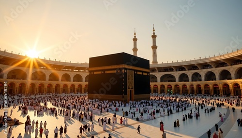 an aerial view of the great mosque of mecca, known as masjid al haram, during a time when the sun is shining directly on it, creating a bright atmosphere
