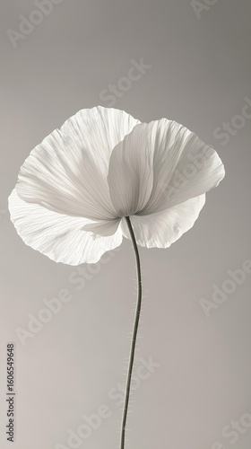 A delicate white flower stands elegantly against a neutral background, showcasing its soft petals and fine details, embodying purity and natural beauty in a minimalist setting.