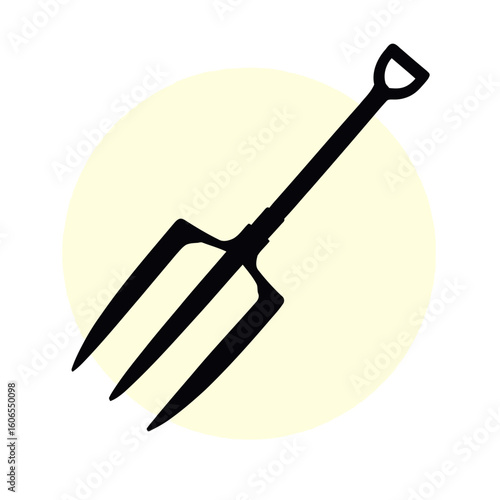 A complete set of isolated black and white vector gardening tools includes a shovel, spade, trowel, rake, and hand fork with metal and wood handles