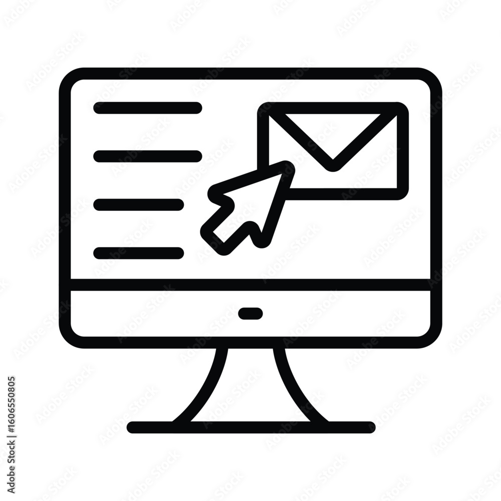 Fototapeta premium Outline of a computer monitor displaying an email icon with a cursor pointing to it