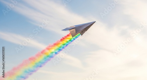 Paper airplane soars, rainbow trail