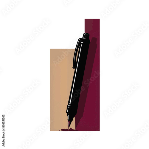Black silhouette of marker pen staining burgundy on canvas, creativity