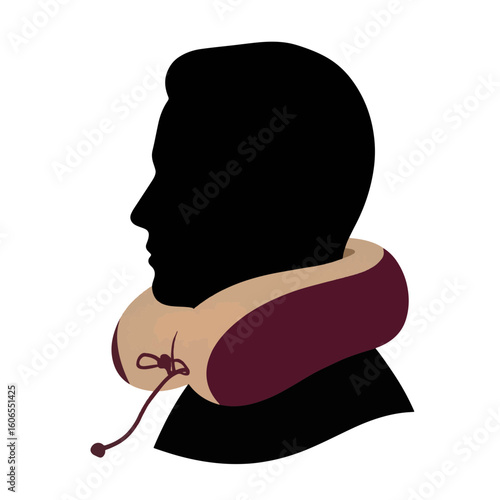 Silhouette of a person wearing a neck pillow on white background, relaxation