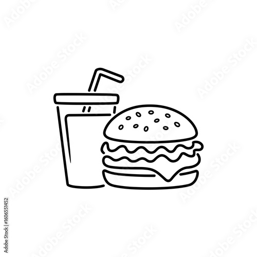 Enjoying Food, Subject: Burger and Drink, Location: Restaurant, Content Type: Illustration, Environment: Casual, Viewpoint: Close-Up, Concept: Fast Food