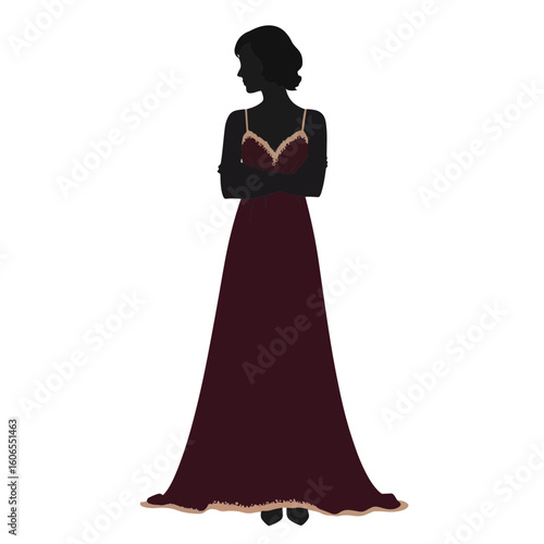 Elegant woman in burgundy nightgown silhouette on white background, grace