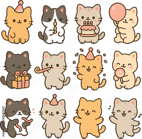 A collection of 15 adorable cartoon cat icons in kawaii style. Perfect for stickers, children's products, mobile apps, or cute animal-themed prints. Clean vector design suitable for commercial use.
