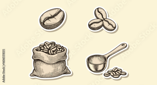 Coffee beans art sketch black vector with scoops, beans, and sacks in hand drawn vector illustration style for design and cafe branding