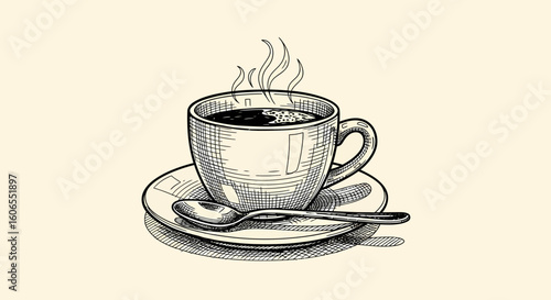 Coffee beans art sketch black vector of steaming coffee cup on saucer in hand drawn vintage engraving style