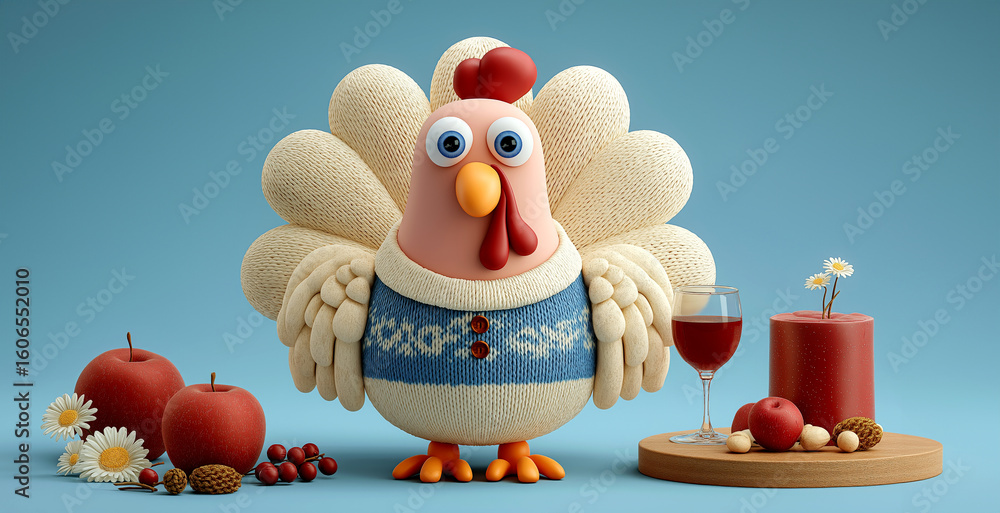 Fototapeta premium Cozy Thanksgiving 3d Turkey in Sweater with Autumn Decorations and Red Wine