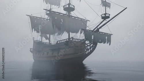 Mysterious Ghost Pirate Ship Drifting Silently Through Thick Eerie Fog on a Calm Sea for Halloween's Day