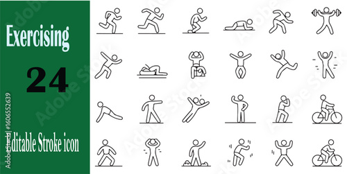 Collection of twenty four simple outline exercise icons for fitness health wellness and sports