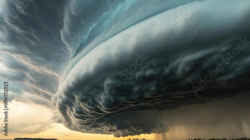 A storm cloud with a large, dark, and ominous looking wave. The sky is dark and cloudy, and the storm is approaching