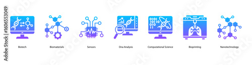 Biotech applications web banner icon vector illustration including Biotech, Biomaterials, Sensors, Dna Analysis, Computational Science, Bioprinting, and Nanotechnology.