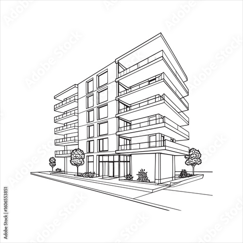 Architectural line drawing of a modern apartment building. Residential house exterior sketch with balconies, vector illustration for real estate and coloring.
