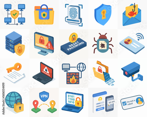 Isometric Cybersecurity Protection and Data Security Icon Illustration Set