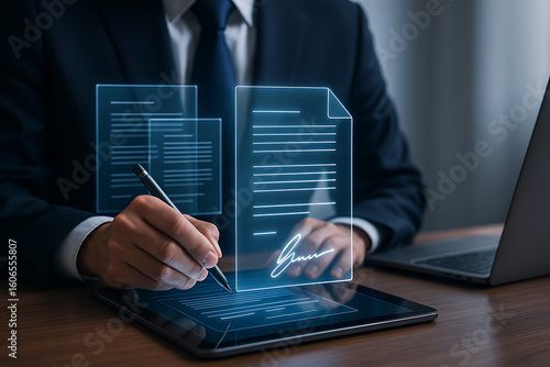 Digital document signing with business professional using electronic signature on tablet, futuristic contract management and secure online paperwork