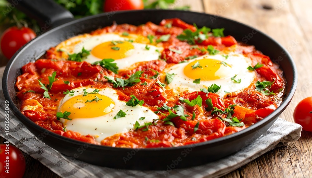 Shakshuka in Pan on Wood Tabletop. Shakshuka in Pan on Wood Tabletop.