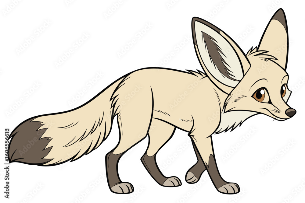 Obraz premium Cartoon Fennec Fox Illustration with Large Ears and a Bushy Tail Walking Forward Gracefully on a White Background