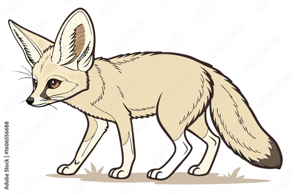 Fototapeta premium Adorable Fennec Fox with Large Ears Stands on the Ground Looking Left in a Cartoon Vector Drawing