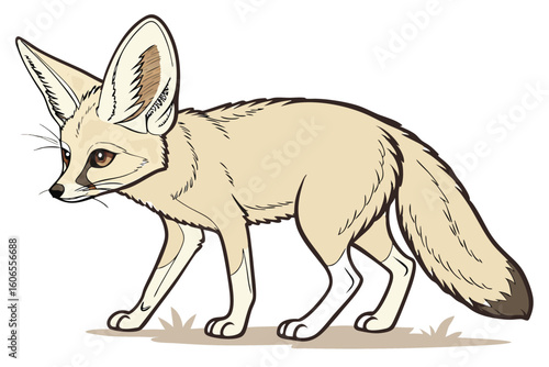 Adorable Fennec Fox with Large Ears Stands on the Ground Looking Left in a Cartoon Vector Drawing
