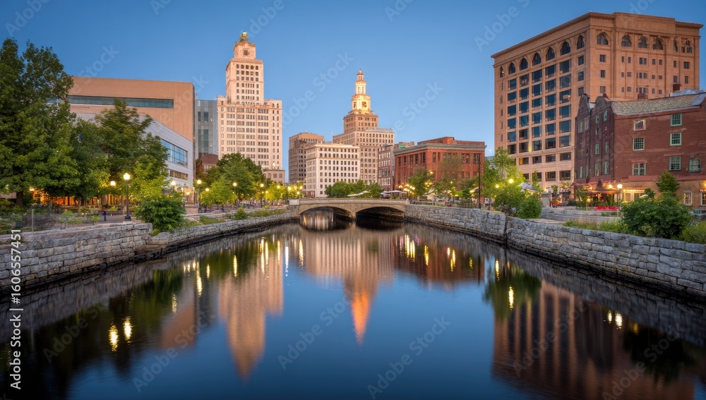 Obraz premium A tranquil cityscape reflected in a waterway at dawn.