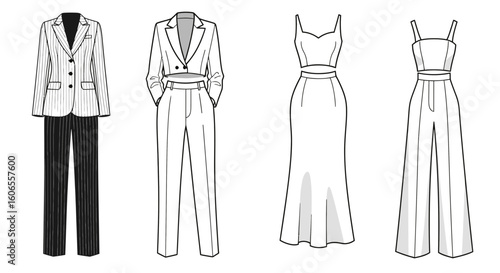 Fashion illustration of formal and casual women’s clothing styles  