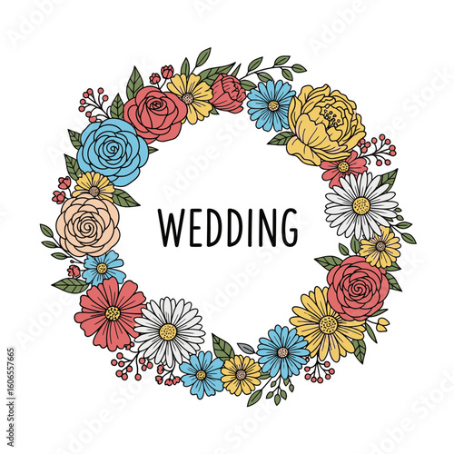 Floral wedding wreath with colorful flowers and decorative text  