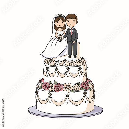 Wedding cake with bride and groom figurines on top  