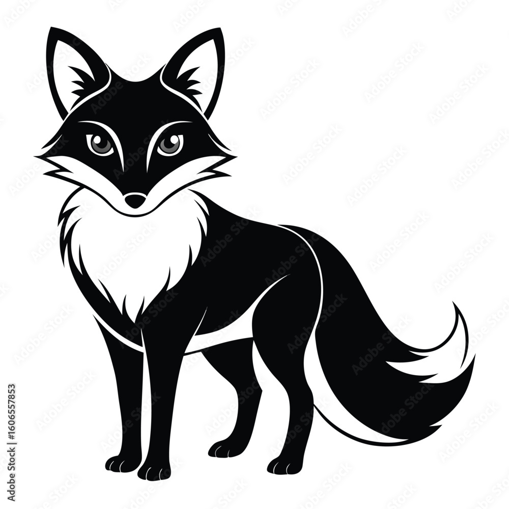 Obraz premium Stylized Black and White Fox Illustration Standing Calmly with Detailed Fur and Expressive Eyes on a Clean White Background