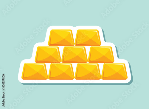 Gold bar stack sticker icon in flat style. Golden ingot vector illustration on isolated background. Financial treasure sign business concept.