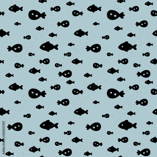 Ocean seamless pattern with fish and seaweeds in silhouette style. Cute sea vector background