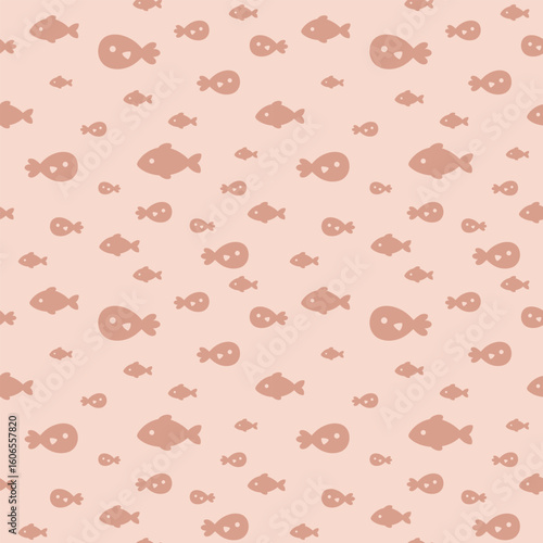  Pink ocean seamless pattern with fish and seaweeds in silhouette style. Cute sea vector background