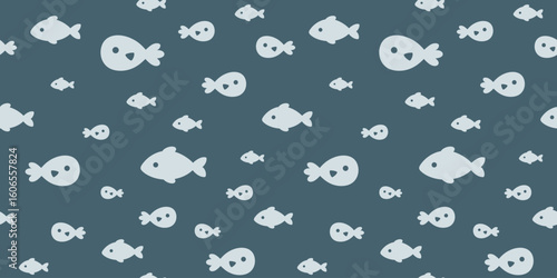 Ocean seamless pattern with fish and seaweeds in silhouette style. Cute sea vector background