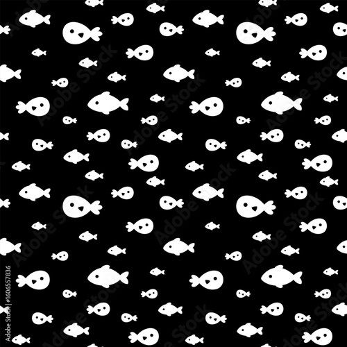 Ocean seamless pattern with fish and seaweeds in black and white silhouette style. Cute sea vector background