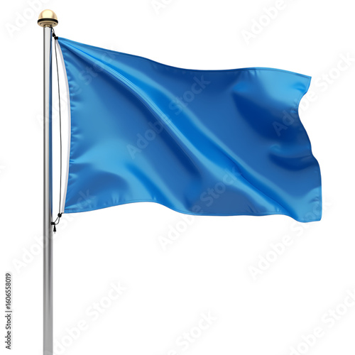 A blue flag waving on a silver pole isolated on transparent background